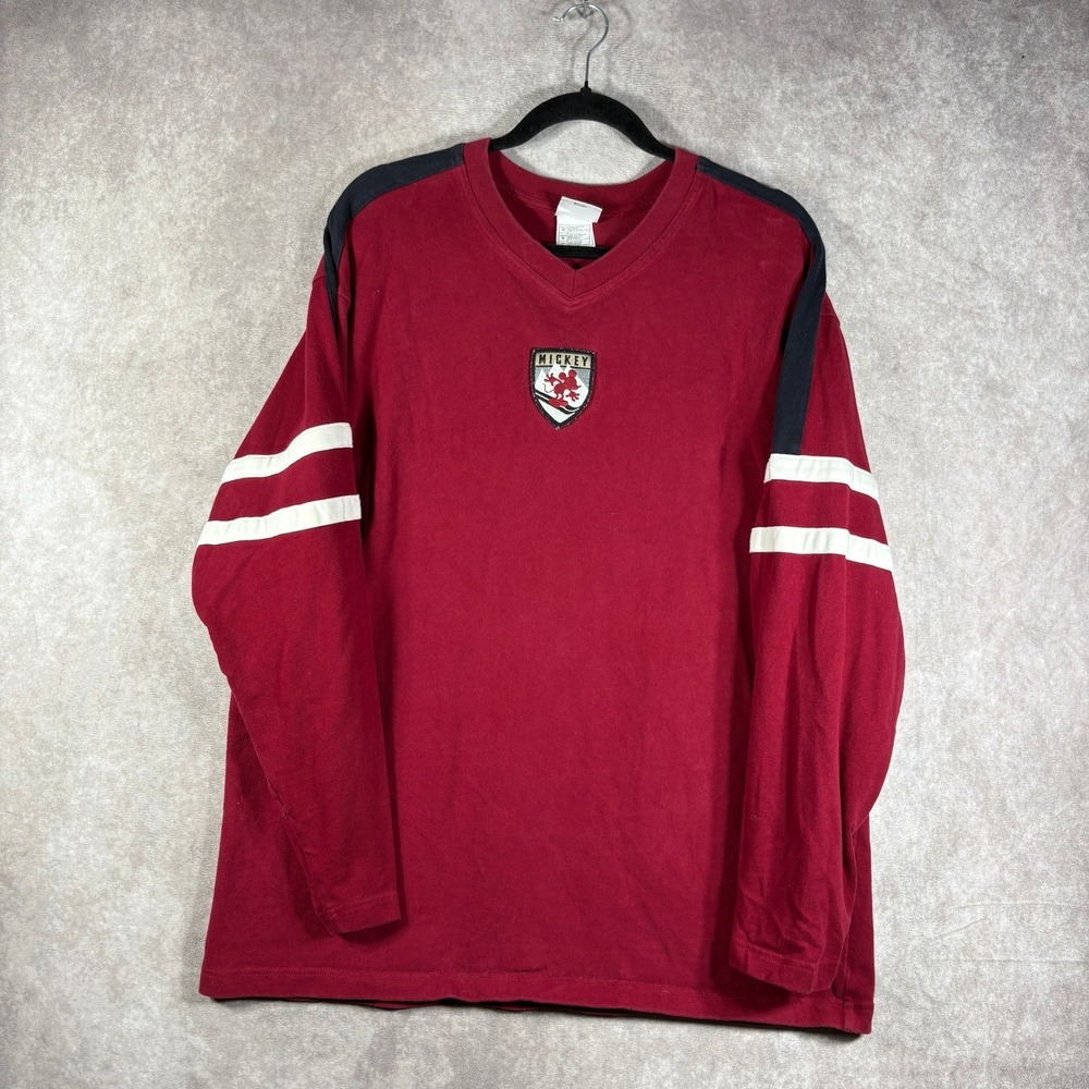 Vintage The Disney Store Mickey's Ski Lodge Rugby Shirt Mens‎ Large Red V-Neck